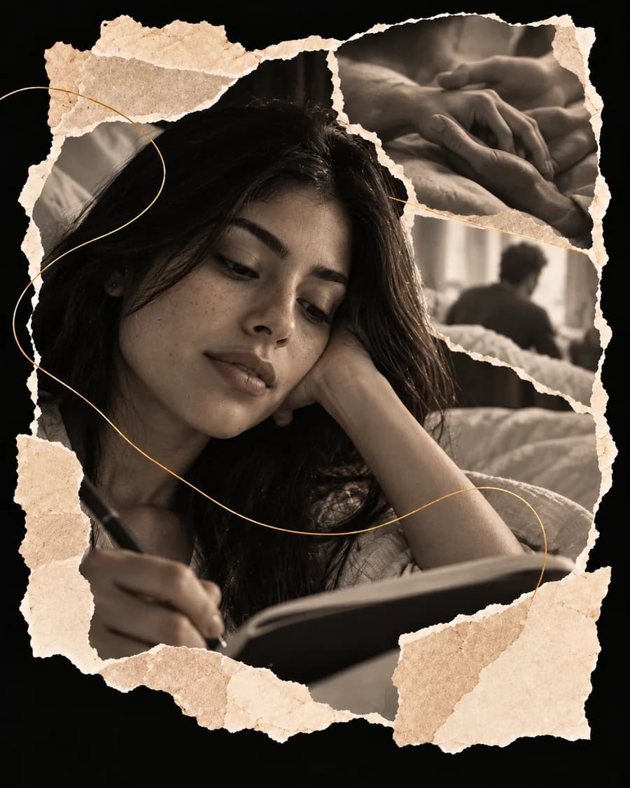 A woman awake in bed writing in her dream journal
