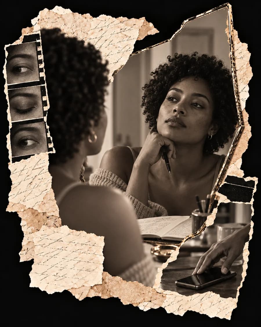 A woman reflecting in a mirror with her journal and phone nearby