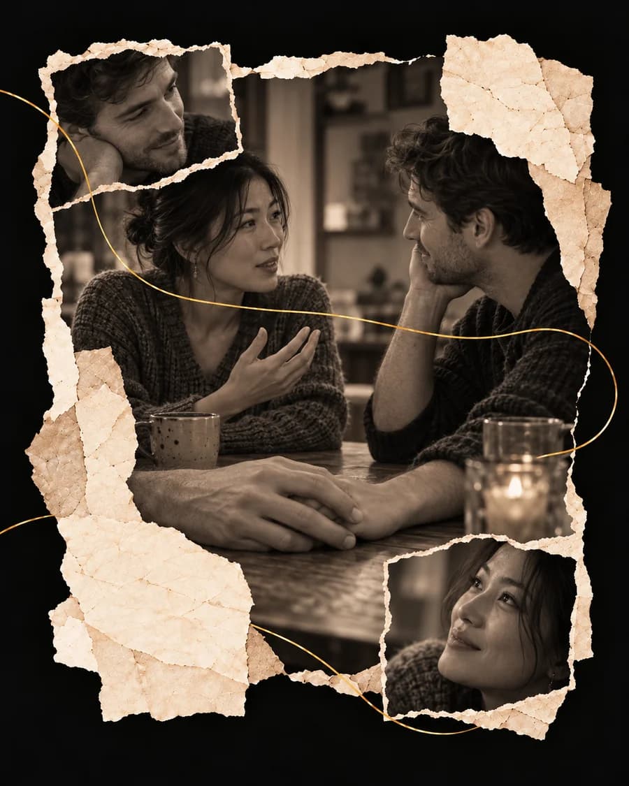 A couple talking and holding hands across a table