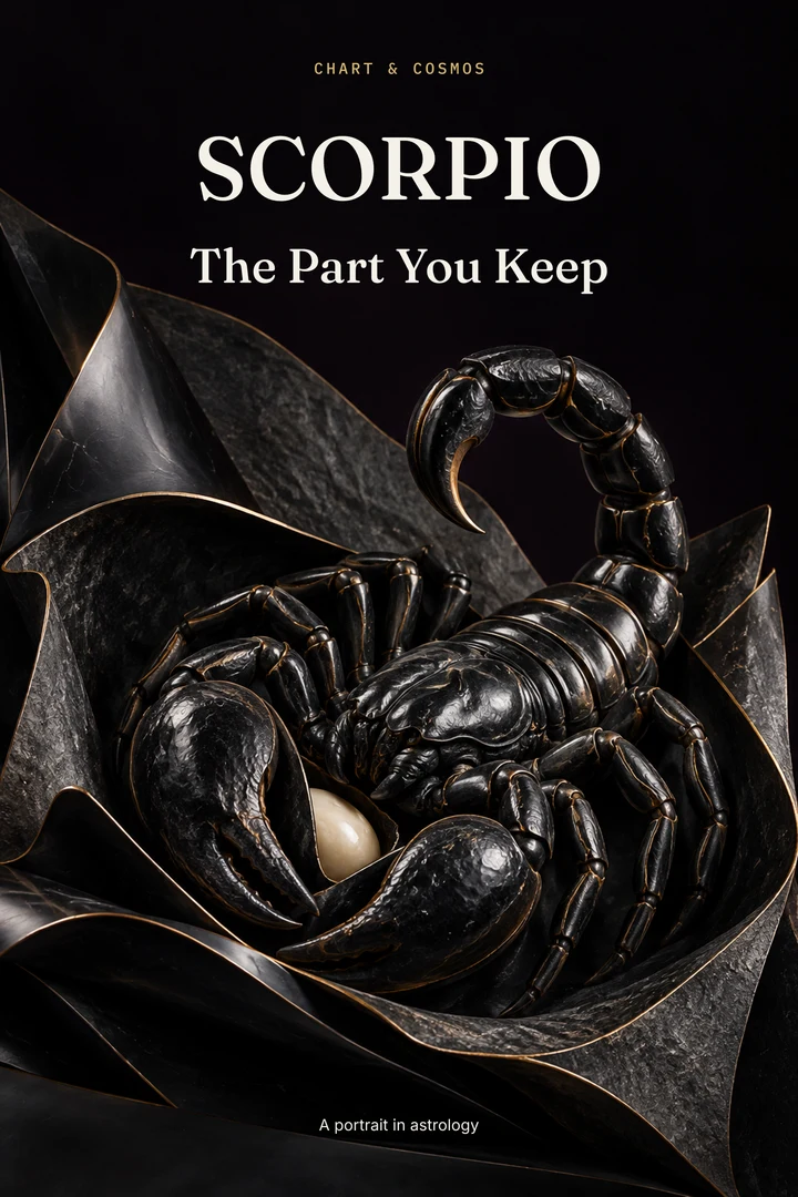 Scorpio — The Part You Keep: a carved black-onyx scorpion protects a small ivory form inside folded black surfaces with fine gold edges.