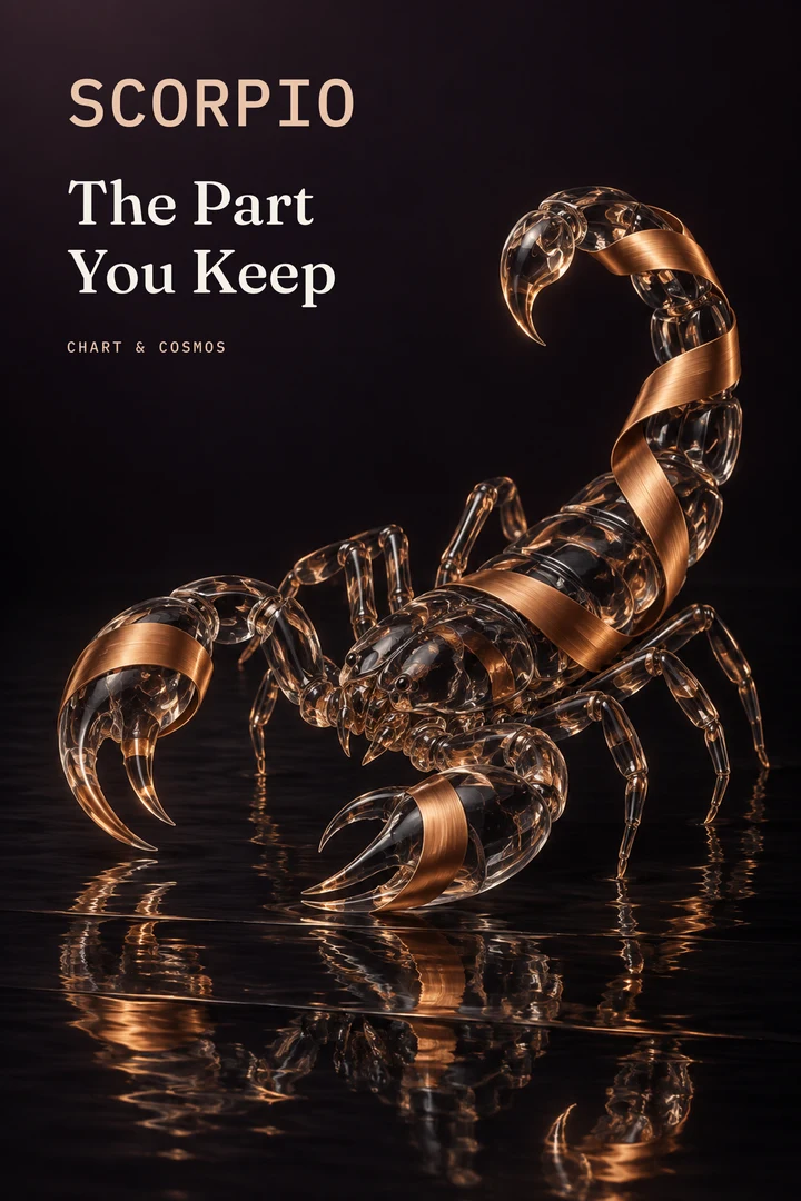 Scorpio — The Part You Keep: a translucent smoked-glass scorpion holds a folded copper ribbon above dark reflective water.